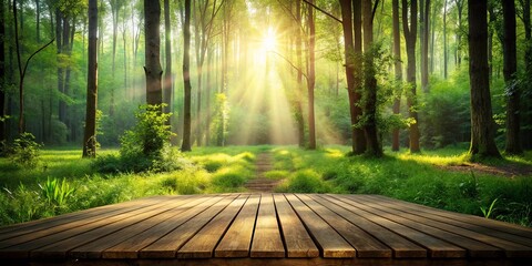 Fototapeta premium Tranquil forest clearing with wooden platform surrounded by sunlight filtering through the trees