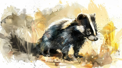 Obraz premium Artisticwatercolor illustration of a skunk in a natural setting, showcasing its distinct black and white fur.