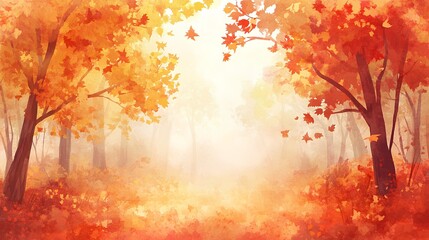 Illustration of a misty autumn forest with vibrant orange and red foliage