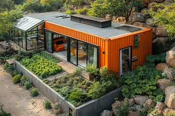 A small orange house with a green roof and a garden in front of it