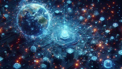 Obraz premium Cyber big data flow blockchain data network line