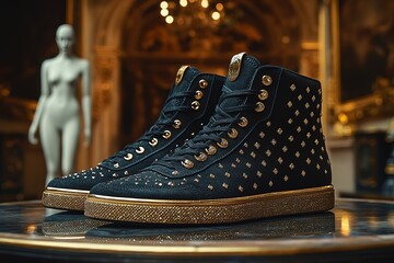 A pair of black high heels with gold studs on the top