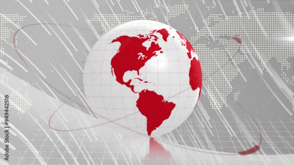 Poster Rotating globe with red continents animation over digital world map background