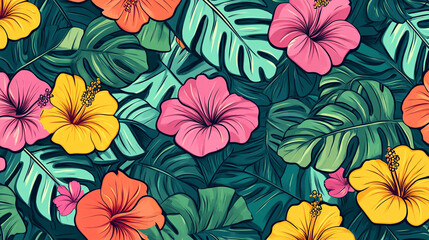 Vibrant abstract floral colorful background with tropical flowers leaves and lush green foliage aesthetic illustration