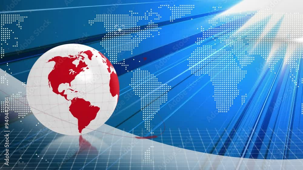 Poster globe and world map with data lines animation over blue background