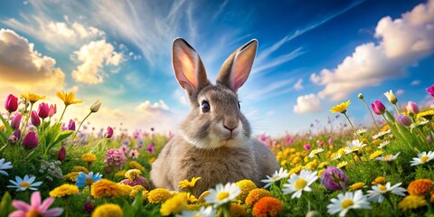 Fototapeta premium A cute rabbit relaxing in a colorful field of flowers under a sunny sky with clouds in the background