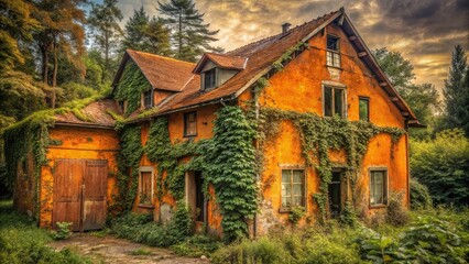 Obraz premium A photo of a rustic and faded orange abandoned building surrounded by overgrown foliage, evoking a sense of past beauty and neglect