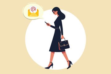 Illustration of a career woman walking while sending an important email to her colleague via cell phone in the sunlight