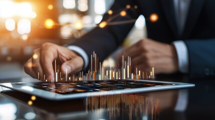 Businessman Using Tablet with Financial Data and Charts