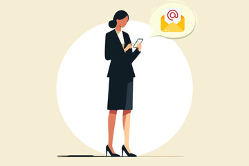 Illustration of a career woman standing in front of the office while sending an important email to her colleague via cell phone in the sunlight
