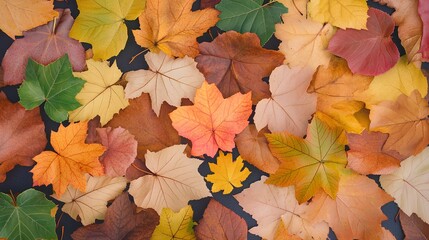 a collection of autumn leaves scattered across a surface. The leaves are in various shades of orange, yellow, red, brown, and green, representing the typical colors of fall foliage