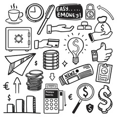 Doodle office and business drawing set. Collection of symbols and drawings that represent various financial concepts