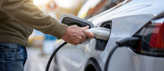A man charging an electric vehicle using a portable charger in a suburban area.