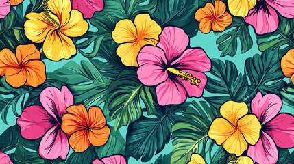 Vibrant abstract floral colorful background with tropical flowers leaves and lush green foliage aesthetic illustration
