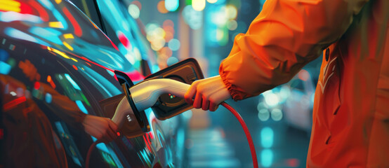 Vivid illustration of a person charging an electric car at night, with dynamic lighting and a futuristic feel.
