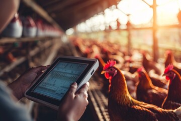 Poultry farm with automated feeders providing consistent feed to chickens. Controller adjusting the feed schedule, Generative AI