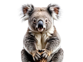 Fototapeta premium koala or koala bear - Phascolarctos cinereus - is an arboreal herbivorous marsupial native to Australia. Relaxed and looking towards camera, cute cutout on transparent background 