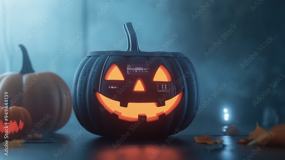 Poster a modern twist on halloween featuring a glowing jack-o'-lantern with a digital display, combining tr