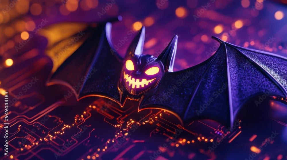 Poster a futuristic bat with glowing eyes and teeth, hovering above a digital circuit board, blending hallo