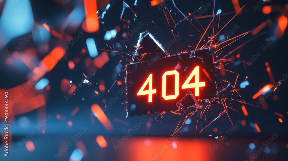 Poster A glowing red 404 error message breaking through glass shards and neon light, representing a broken web link or online issue.

