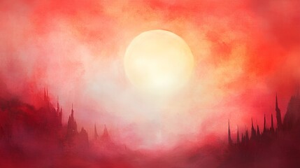 a painting with a surreal and atmospheric feel. It features a large, bright sun or moon in the center, surrounded by a sky filled with swirling shades of red, pink, and orange