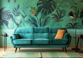 Fototapeta premium Green Velvet Sofa with Tropical Print Wall