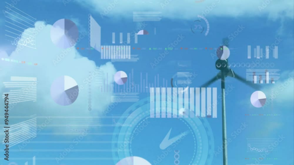 Poster wind turbine and clouds with data charts and graphs animation