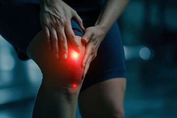 Obraz premium Joint pain, Arthritis and tendon problems. a man touching nee at pain point due to an inflamed knee joint prosthesis.