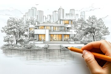 A hand is drawing a house with a lake in the background