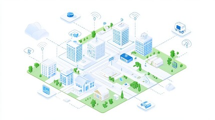 Fototapeta premium Smart City with Connected Buildings and Infrastructure Isometric Illustration