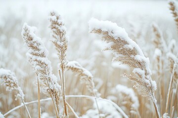 Fototapeta premium Tall dried crops under the snow. Winter season, snow lies on dried grass. Under the weight of snow, the grass bent down. Cold weather. Low temperature. Generative ai
