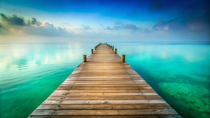 Fototapeta premium Serene seaside escape featuring a vibrant teal horizon blending with weathered wooden docks backdrop and soft morning mist drama