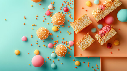 Colorful Cakes and Candy on Pastel Background