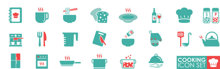 Cooking Solid icon set. The set contains an icon Pot, pan-cooking recipe outline vector signs, and a symbols collection