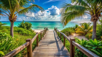 Accessible beach walkway leading to turquoise ocean surrounded by tropical plants, ideal for summer relaxation