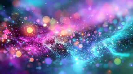 an abstract, colorful background. It features a blend of vibrant colors including pink, purple, blue, and teal, with a scattering of bright, glowing orbs and sparkles throughout