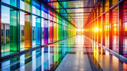 Modern corridor with colorful glass panels, sunlight reflections on the floor
