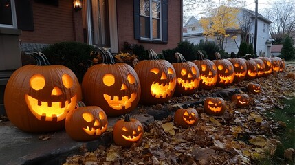Obraz premium A Row of Jack-o'-Lanterns Glowing in the Autumn Night