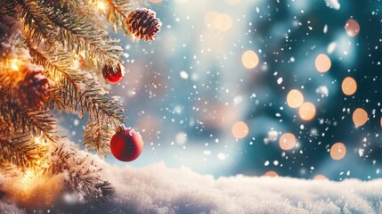 Christmas winter background with snow and blurred bokeh.Merry christmas and happy new year greeting card with copy-space