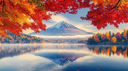 Colorful Autumn Season and Mountain Fuji with morning fog and red leaves at lake Kawaguchiko is one of the best places in Japan