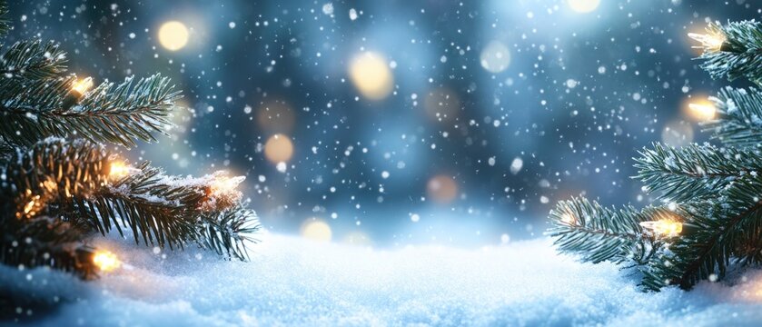 Christmas winter background with snow and blurred bokeh.Merry christmas and happy new year greeting card with copy-space