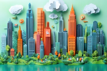A colorful cityscape with a large building in the middle