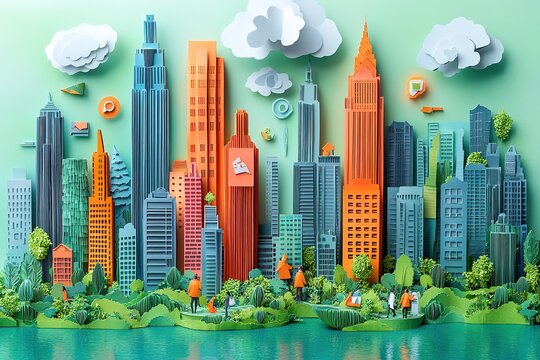 A colorful cityscape with a large building in the middle