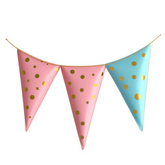 Colorful party bunting with pink and blue flags, decorated with golden polka dots, perfect for festive celebrations and events.