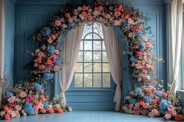 Fototapeta premium A blue room with a large archway of flowers and a window