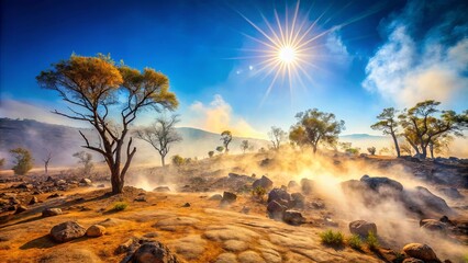 Sweltering summer landscape with mist rising from parched earth, sun baked rocks, and withered trees under a blazing blue sky with heat haze