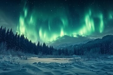 Naklejka premium Aurora borealis over the frosty forest. Green northern lights above mountains. Night nature landscape with polar lights. Night winter landscape with aurora. winter holiday concept. Generative ai