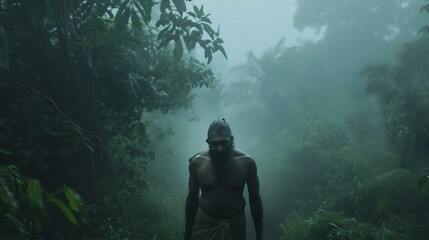 Aerial view of Aghori man walking through a misty forest at dawn his face covered in ash and his expression one of deep contemplation The surrounding trees and fog create a mysterious atmosphere
