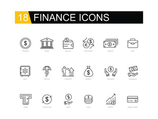 Finance icons set. Containing Finance, Bank, Card, Exchange, Protect, Bag, Wallet, Cash, Earnings, Safe, Money, Coin, Cashflow, Growth, Budget, Savings, Credit Card, Profit. Solid icons collection.