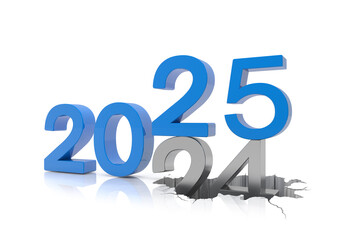 3d render of the numbers 2025 and 24 in blue and silver color over white reflecting background. The number 25 falls on the number 24 and breaks in it in the ground. - Vacation concept.